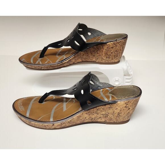 SAM & LIBBY Cork Wedge Sandals 8.5M Thong Wedge Heels Black - Picture 1 of 10